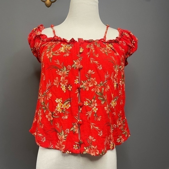 AMERICAN Eagle Outfitters tropical print off the shoulder button top size XS - Picture 1 of 7